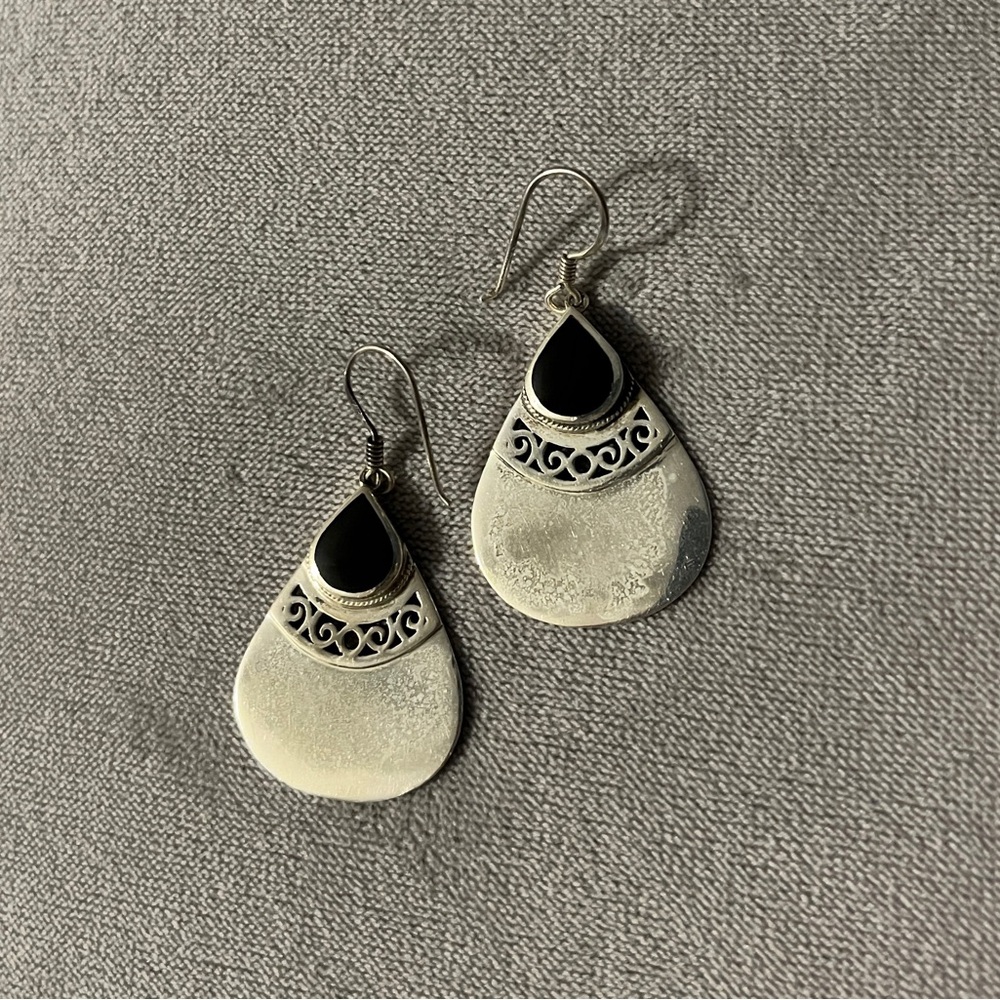 Sterling Silver and Onyx Teardrop Earrings